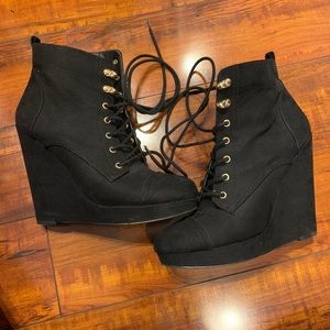 Black Faux Suede Bootie Lace Up Wedge